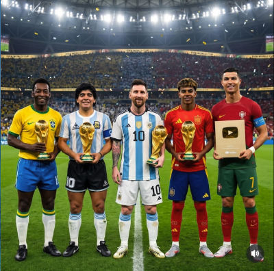 AI-generated image of Pelé, Diego Maradona, Lionel Messi, and Cristiano Ronaldo at a World Cup stadium