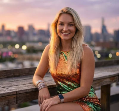 AI-generated image of a woman in a sequined dress on a rooftop at sunset