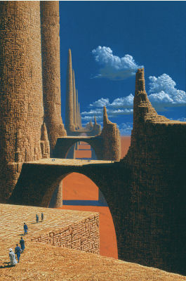 AI-generated surreal landscape of towering carved stone spires and arches