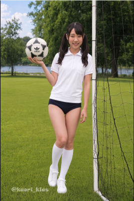 Deepfake of Yuuka Kato posing with a soccer ball on a field