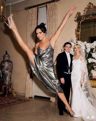AI-generated image of Victoria Beckham high-kicking at a wedding scene with Brooklyn Beckham and Loren Gray
