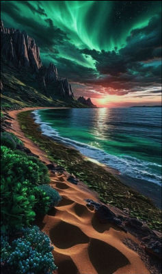 AI-generated image of an aurora borealis over a coastal beach at sunset