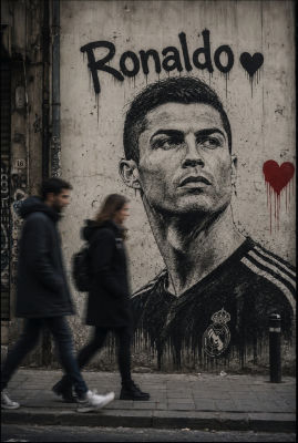 AI-generated image of a Cristiano Ronaldo street mural in a Real Madrid jersey