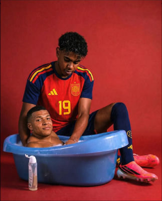 AI-generated image of two men, one wearing a Spain #19 jersey, in a bathtub photo shoot