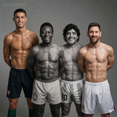 AI-generated image of Cristiano Ronaldo, Pelé, Diego Maradona, and Lionel Messi posing shirtless