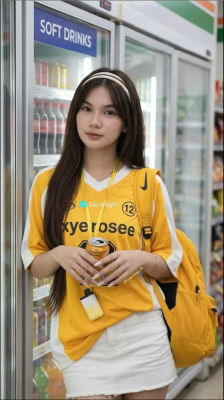 AI-generated image of a young woman at a soft drinks cooler