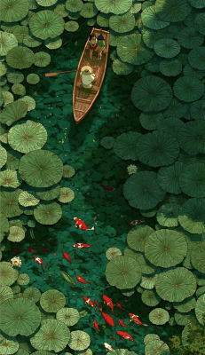 AI-generated illustration of a boat on a lily-pad pond with koi fish