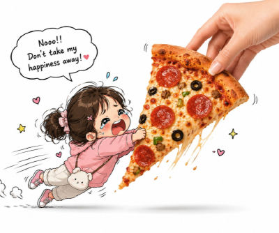 AI-generated illustration of a crying girl reaching for a pizza slice