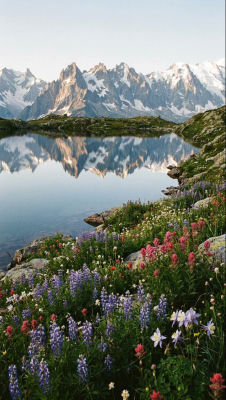 AI-generated alpine lake landscape with snow-capped peaks and wildflowers