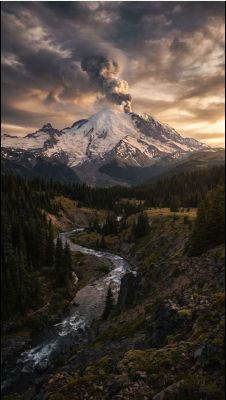 AI-generated image of an erupting snow-capped mountain at sunset