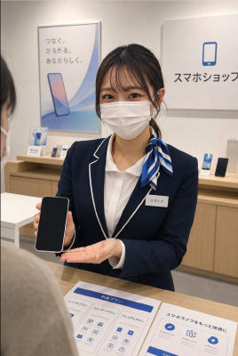 AI-generated image of an unidentified woman posed as a Japanese phone shop staff member