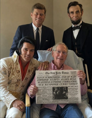 AI-generated image of Elvis Presley, John F. Kennedy, Abraham Lincoln, and Mitch McConnell at a VJ Day hospital scene