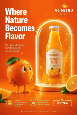 AI-generated SUNORA orange juice advertisement with cartoon mascot