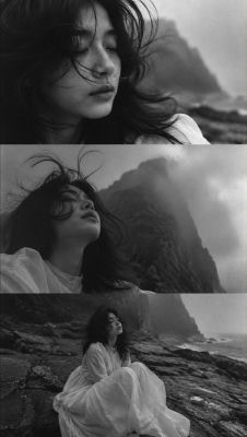 AI-generated portrait of a woman in a white dress on a coastal cliff