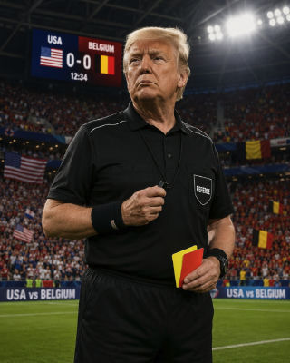 AI-generated image of Donald Trump as referee at USA vs Belgium soccer match
