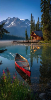 AI-generated mountain lake scene with red canoe and wooden cabin