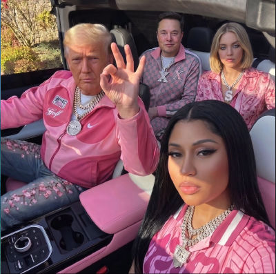 AI-generated image of Donald Trump, Elon Musk, Sydney Sweeney, and Nicki Minaj in matching pink outfits