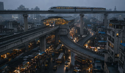 AI-generated image of Mumbai monorail and metro interchange at dusk