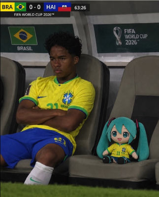 AI-generated image of a Brazil #21 player beside a Hatsune Miku plush at World Cup 2026