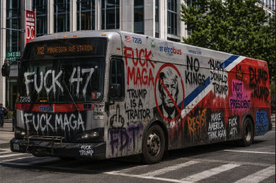 AI-generated image of DC Metrobus covered in anti-Trump graffiti