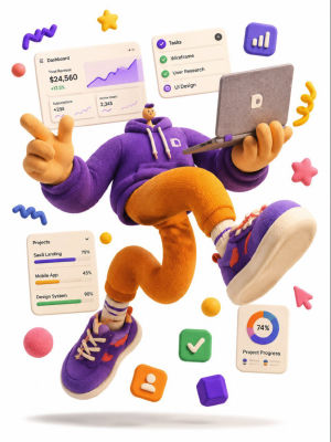 AI-generated SaaS mascot illustration with floating dashboard elements