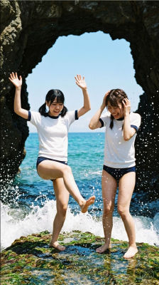 AI-generated image of two young women playing in sea spray at a rocky shore