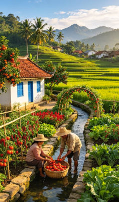 AI-generated image of two villagers harvesting tomatoes by a village stream
