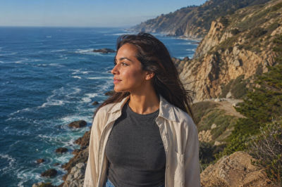 AI-generated image of a woman at a coastal cliff overlook