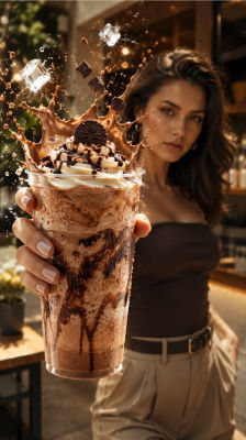 AI-generated image of a woman holding a chocolate milkshake
