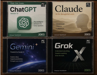 AI-generated retro PC CD-ROM covers of ChatGPT, Claude, Gemini, and Grok
