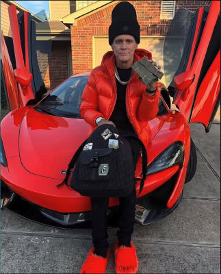 AI-generated image of Jim Carrey posing with a red sports car and cash