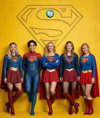 AI-generated image of Charlize Theron, Melissa Benoist, Brittany Binger, and Helen Slater in Supergirl costumes