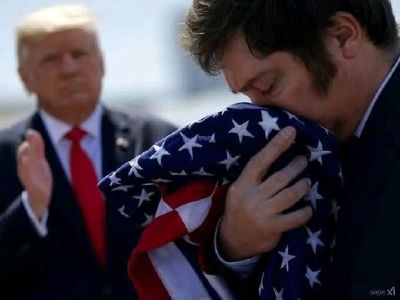AI-generated image of Javier Milei embracing an American flag alongside Donald Trump