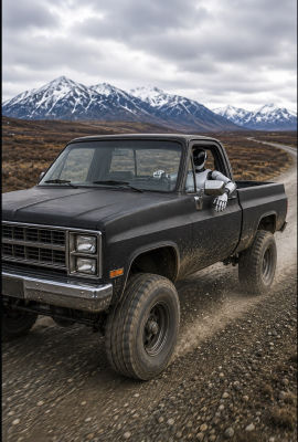 AI-generated image of a humanoid robot driving a pickup truck on a mountain road