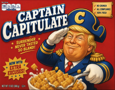 AI-generated 'Captain Capitulate' Donald Trump parody cereal box