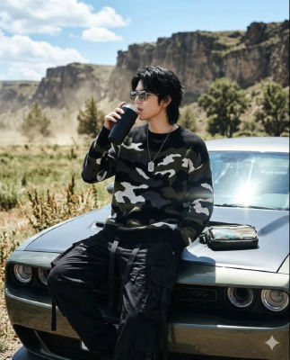 AI-generated image of Man sitting on a car in a desert