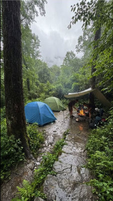 AI-generated image of campers at a rainy forest campsite