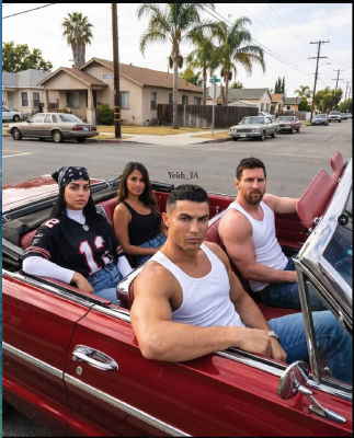 AI-generated image of Cristiano Ronaldo, Lionel Messi, and Ruby in a red convertible