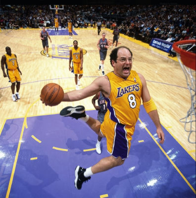 Deepfake of Jason Alexander in a Lakers jersey mid-dunk