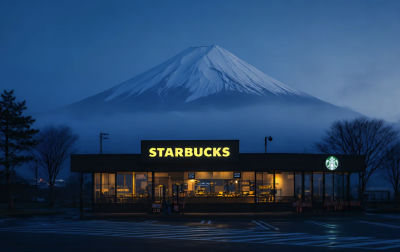 AI-generated image of a Starbucks storefront with Mount Fuji in the background