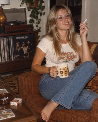 AI-generated image of a woman relaxing on a couch with coffee and cigarette
