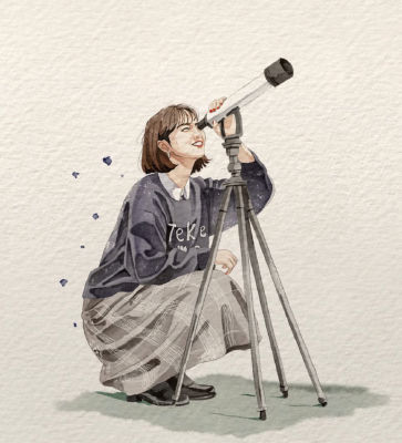 AI-generated watercolor illustration of a woman looking through a telescope