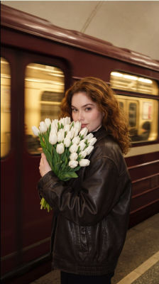 AI-generated image of a woman holding white tulips at a subway station