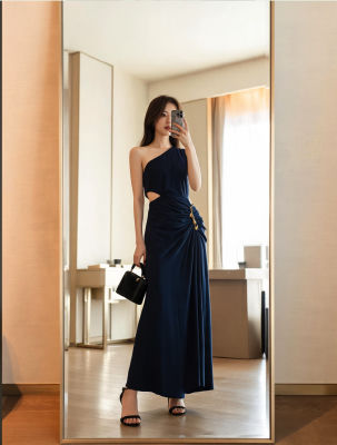 AI-generated mirror selfie of a woman in a navy one-shoulder gown