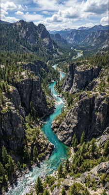 AI-generated image of a turquoise river winding through a mountain canyon