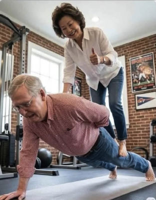 AI-generated image of Mitch McConnell and Elaine Chao in a home gym