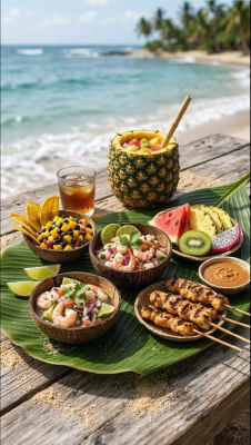 AI-generated image of tropical food spread at a beach