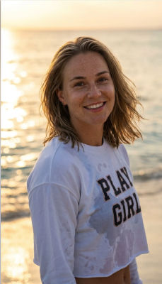 AI-generated image of a woman in a 'PLAY GIRL' shirt at the beach