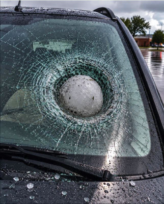 AI-generated image of a hailstone-cracked car windshield