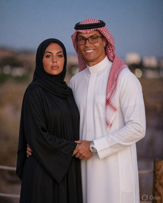 AI-generated image of Cristiano Ronaldo and Georgina Rodriguez in traditional Gulf attire